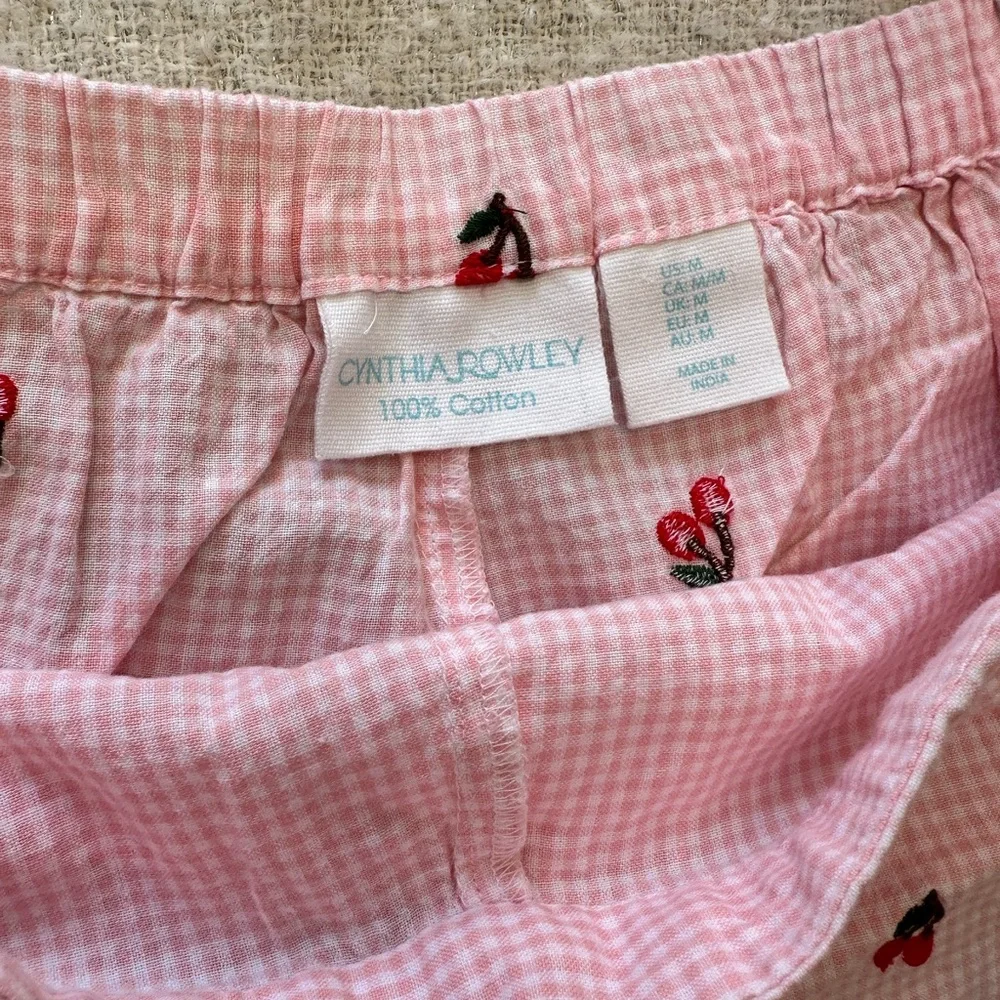 Cynthia Rowley Pink Gingham with Embroidered Cherries Pajama Set - Size Medium - Picture 3 of 7